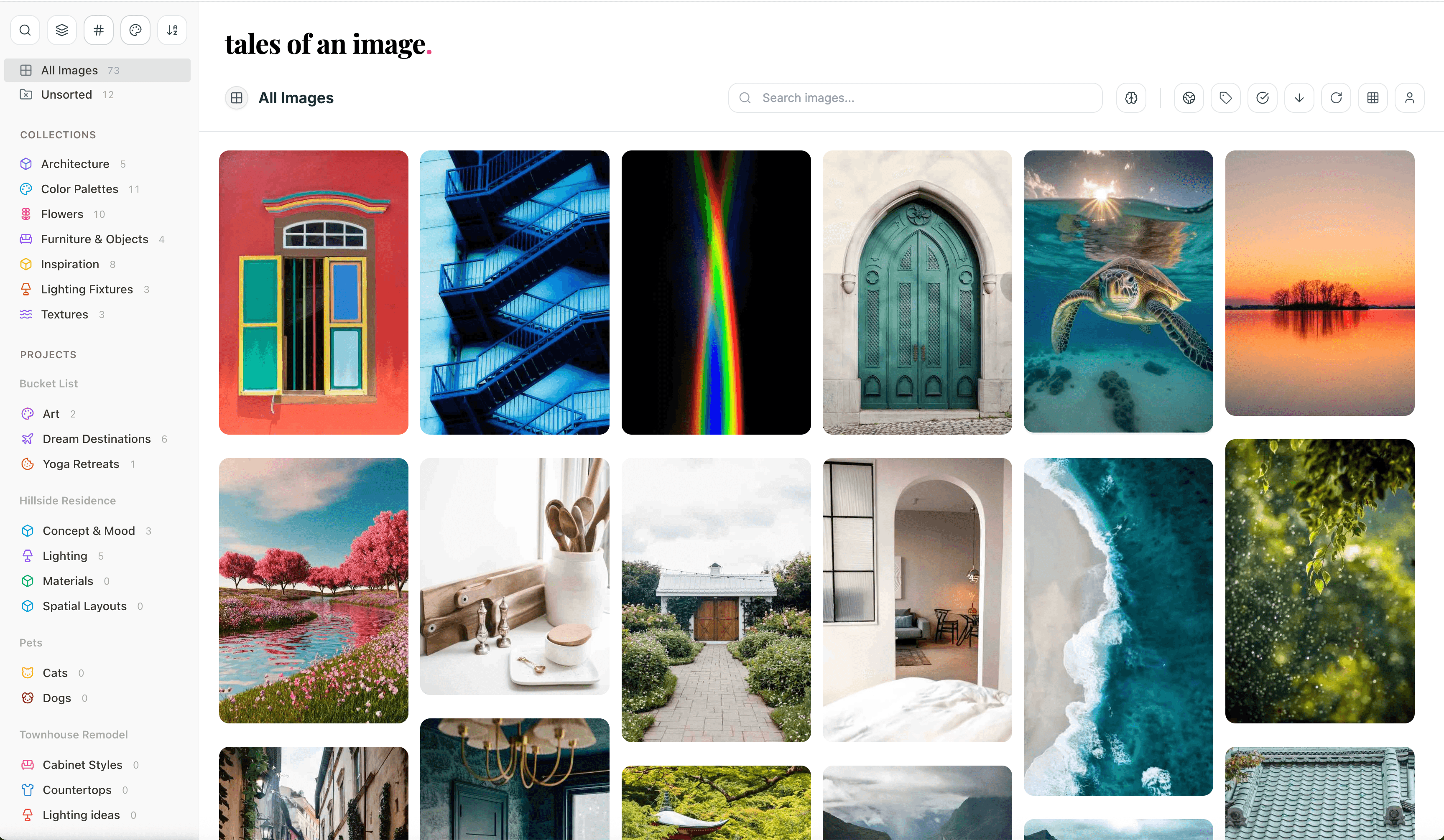 Tales workspace showing organized collections, vision boards with arranged images, and AI-powered Reveal feature displaying color palettes and patterns